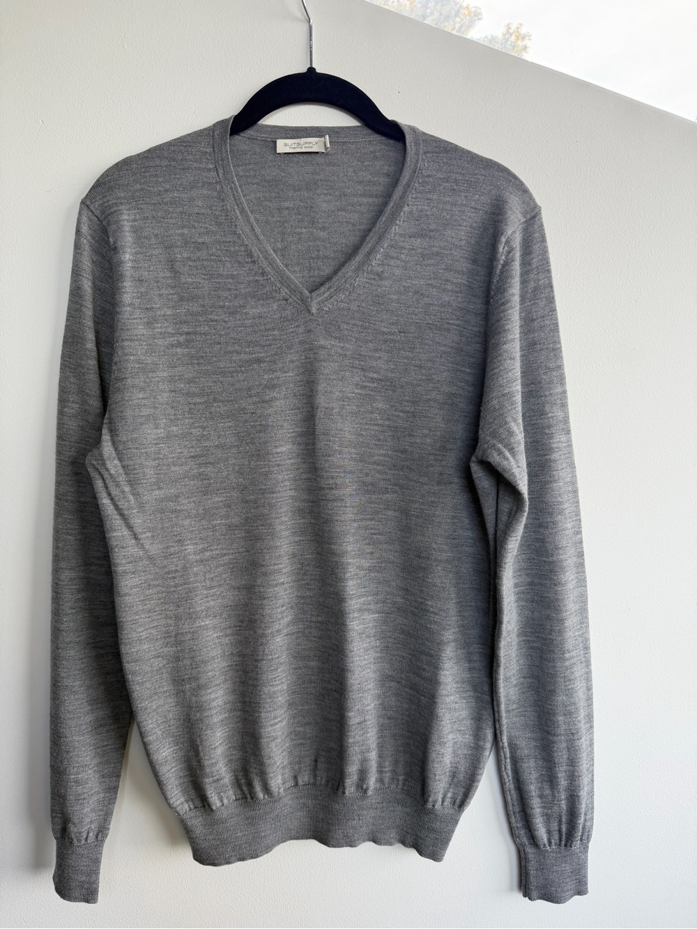 Suitsupply Men’s Grey V-Neck Merino Wool Sweater, Size M